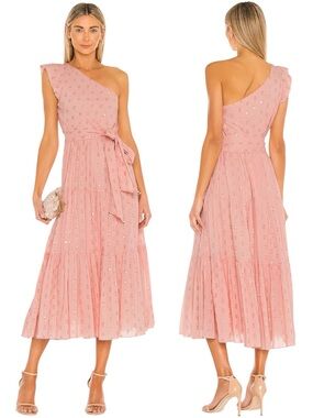 Karina Grimaldi Pauline Dot Dress Blush One Shoulder Midi Size Large